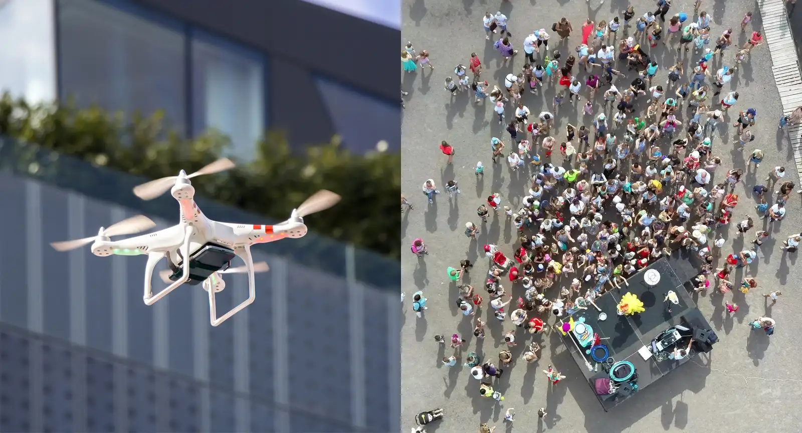 A drone mounted radar and a large crowd of people